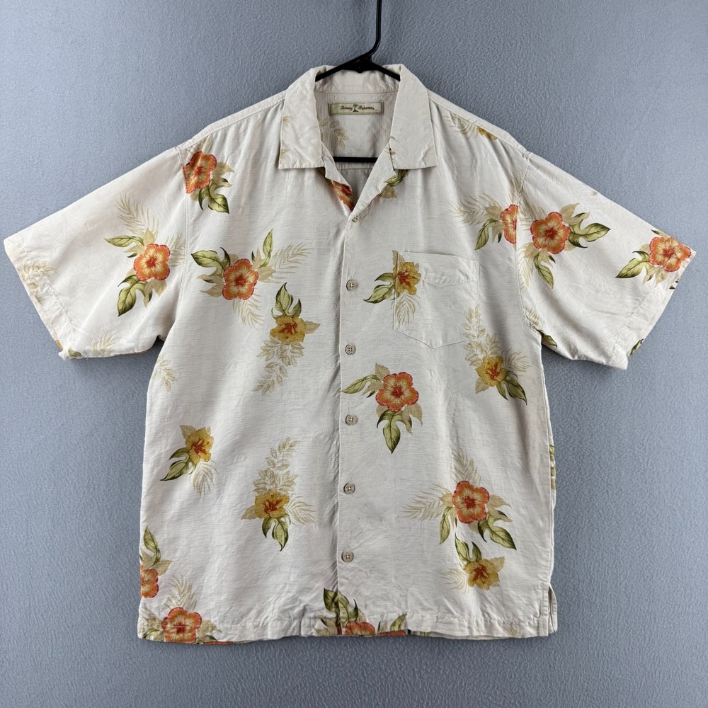 Tommy Bahama Shirt Mens Medium Beige 100% Silk Hawaiian Aloha Button UP